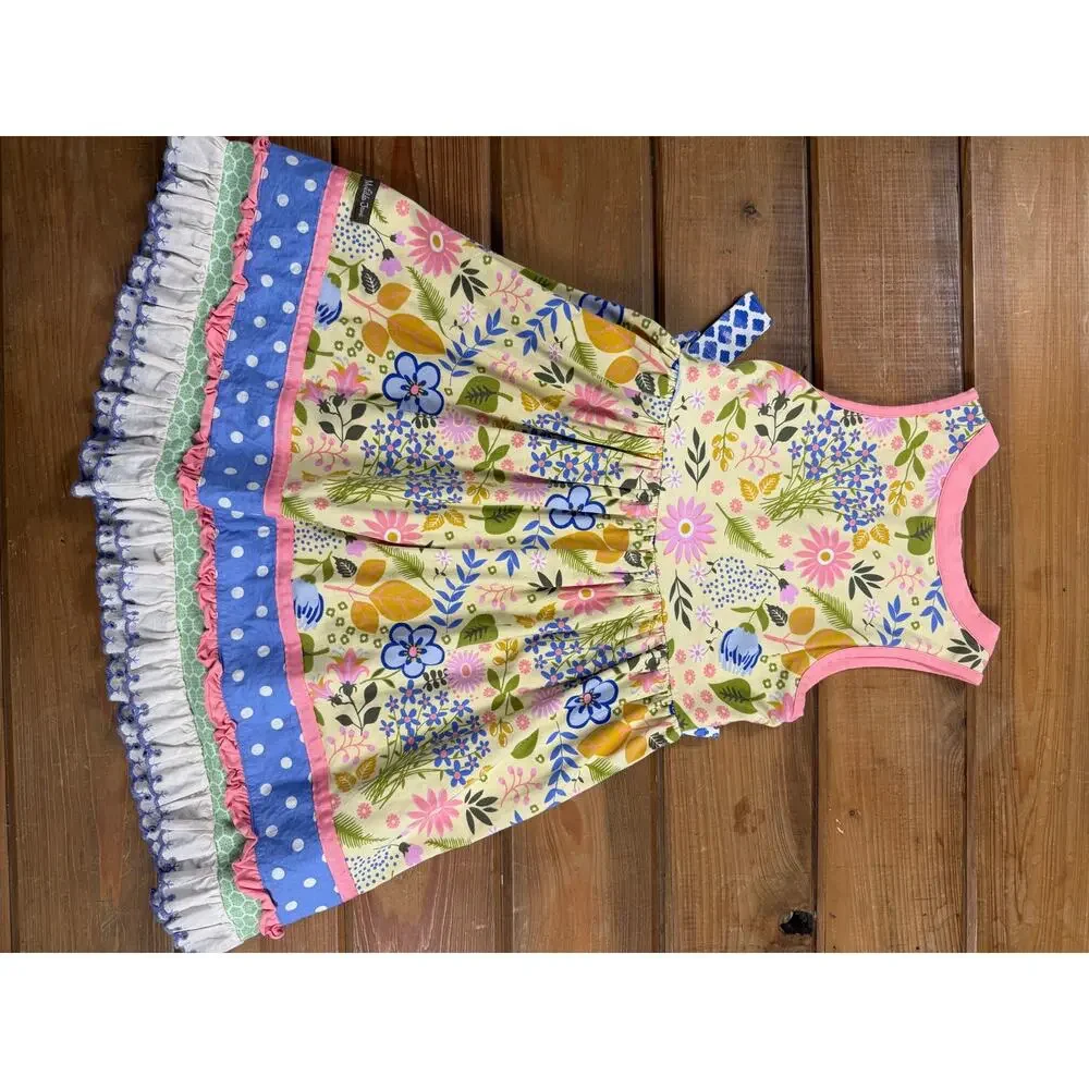 Matilda Jane Girls Size 10 Floral Wrap Style Dress Blue Polka Dot Bow Twirl